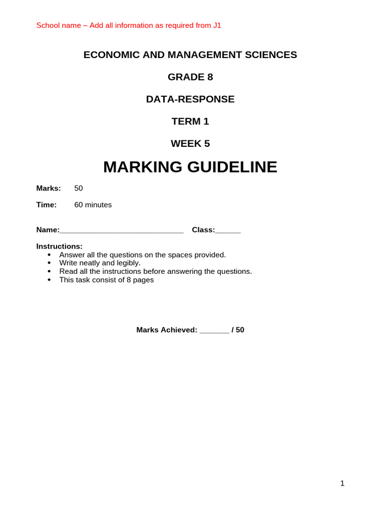 Grade 8 - Task 1 - Data Respons - Marking Guidelines - 2025 | PDF ...