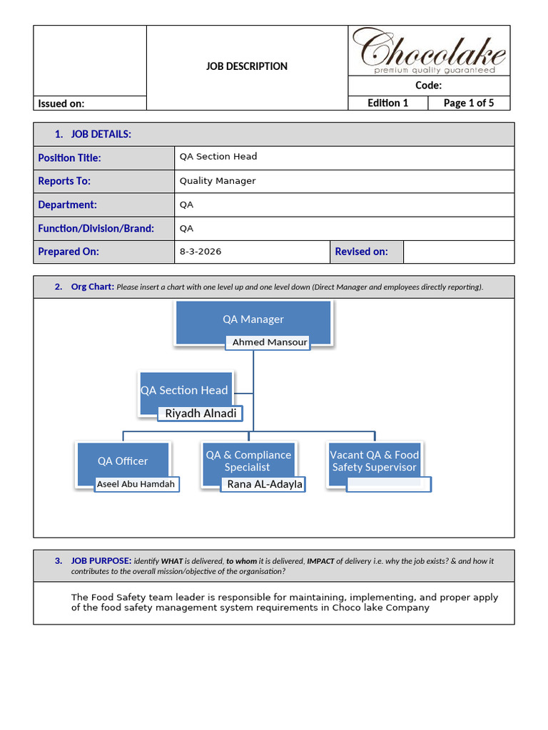 Job Description QA Section Head | PDF | Food Safety | Quality Management