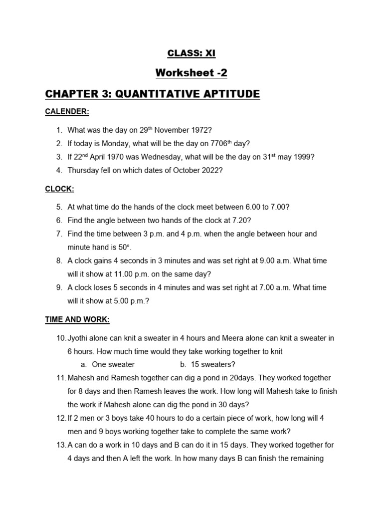 Worksheet 2 Quantitative Aptitude | PDF | Speed | Chess Theory