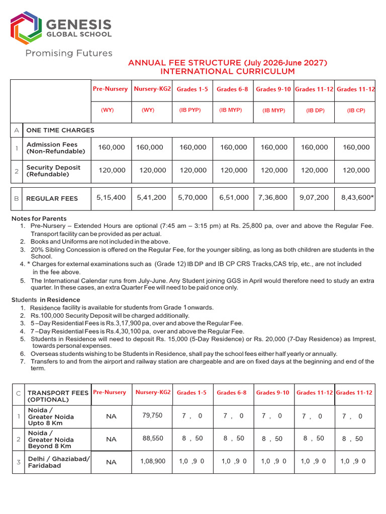 Fee Structure 2026 27 International | PDF