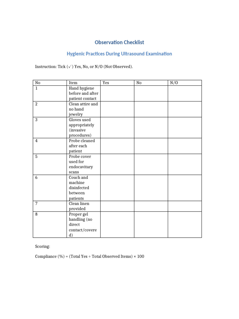 Ultrasound Hygiene Observation Checklist | PDF