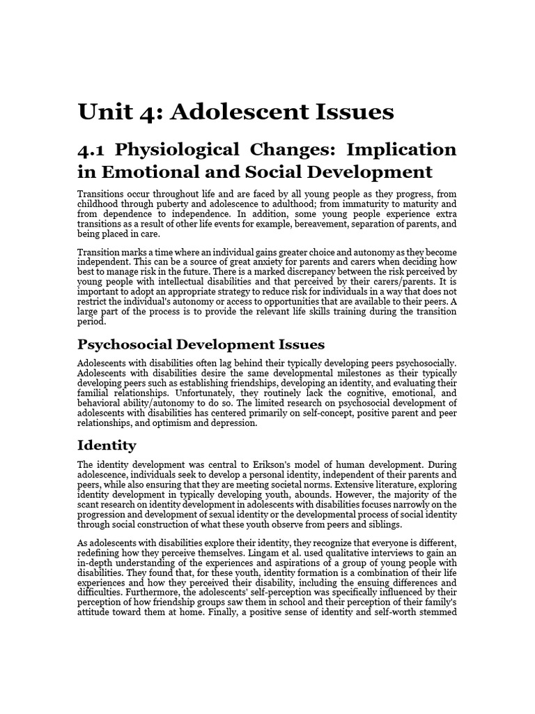 Unit 4 Adolescent Issues | PDF | Adolescence | Self Esteem