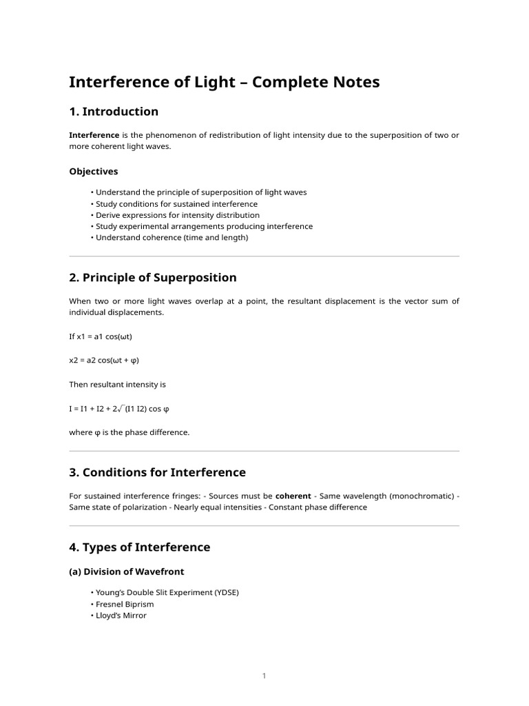Interference of Light - Complete Notes | PDF | Coherence (Physics ...