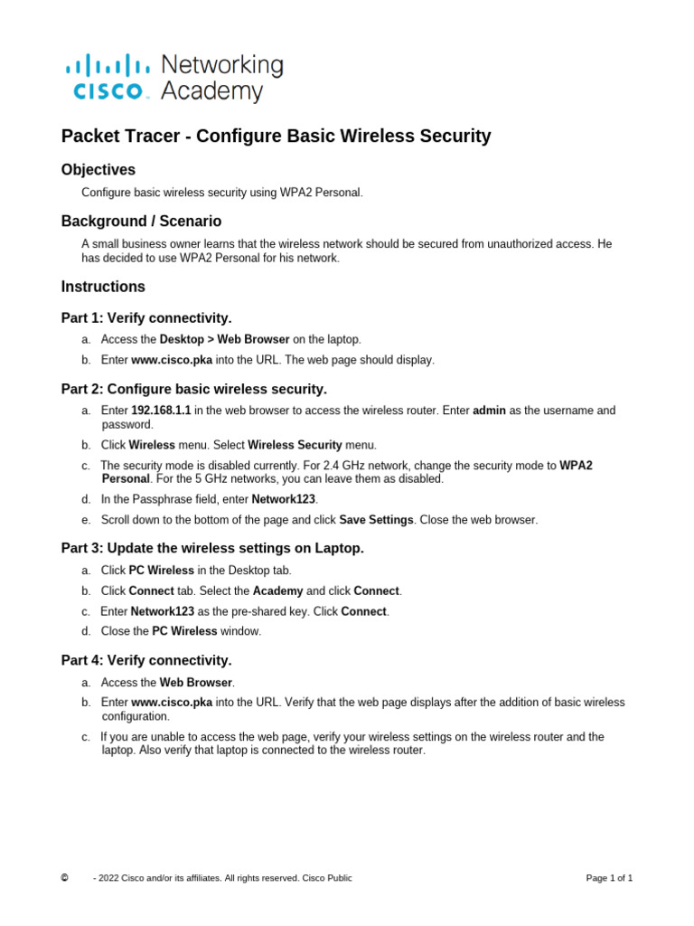 Picture Idea: 5 3 10 Packet Tracer Configure Basic Wireless Security