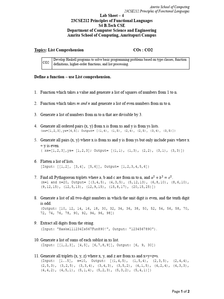 Lab Exercise 4 - List Comprehension | PDF | Function (Mathematics ...