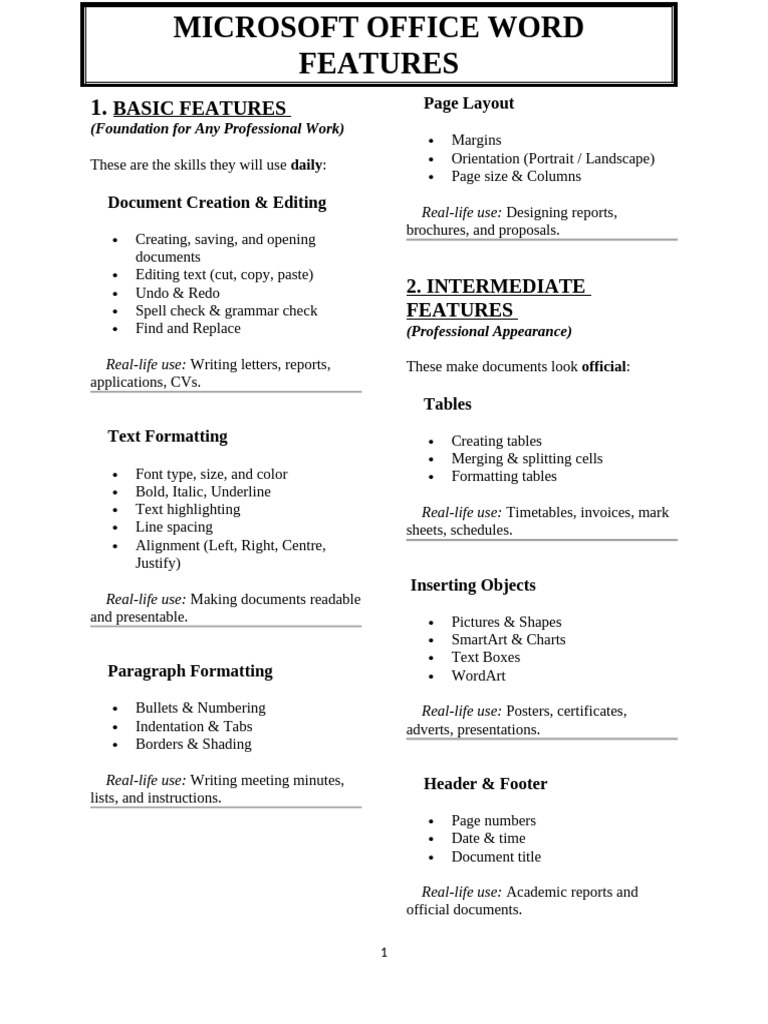 Basic & Advanced MS Word Features | PDF | Microsoft Word | Text