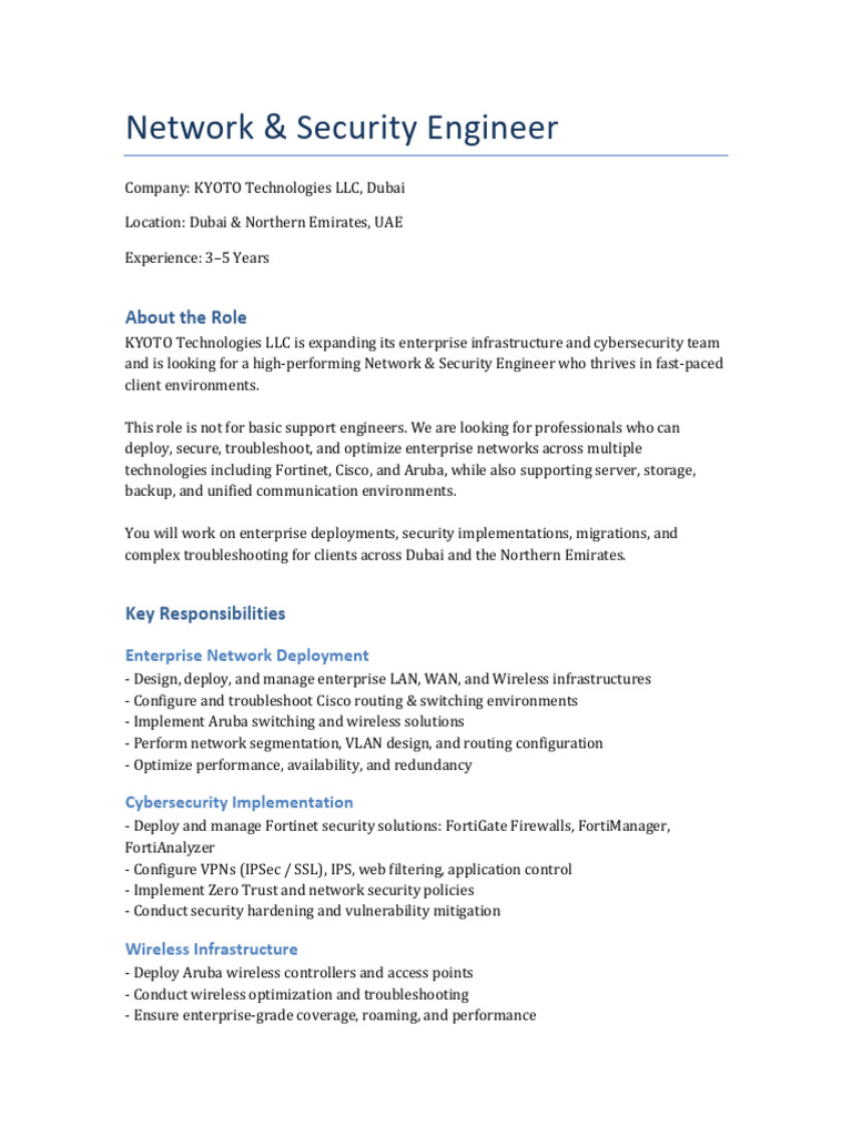 KYOTO Network Security Engineer JD | PDF | Computer Network | Network ...