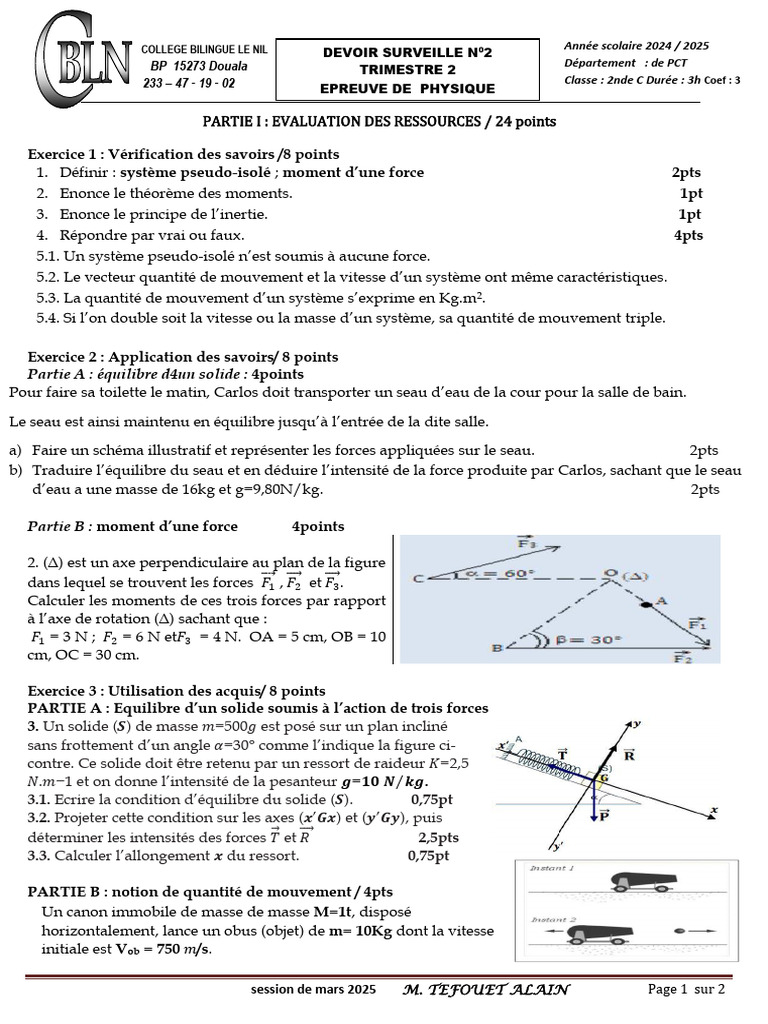 2nde CPH4 2025 | PDF | Moment d'une force | Masse