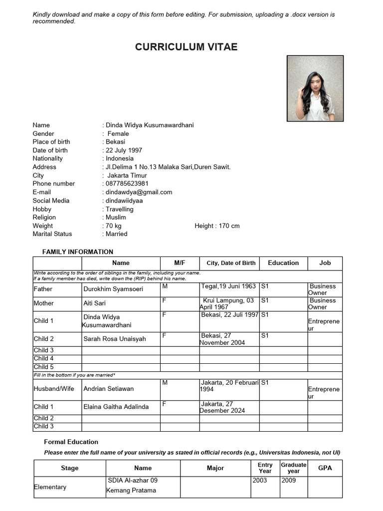 CV Form ParagonCorp Dinda Widya | PDF | Public Relations