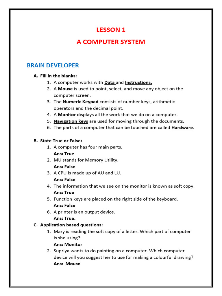 Class 3 Computer Chapter 1 Textbook Exercise | PDF