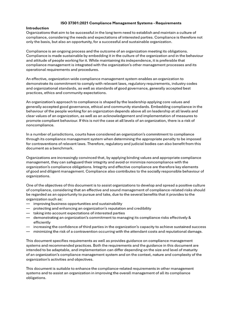 ISO 37301-2021 Compliance Management Systems - Introduction | PDF ...