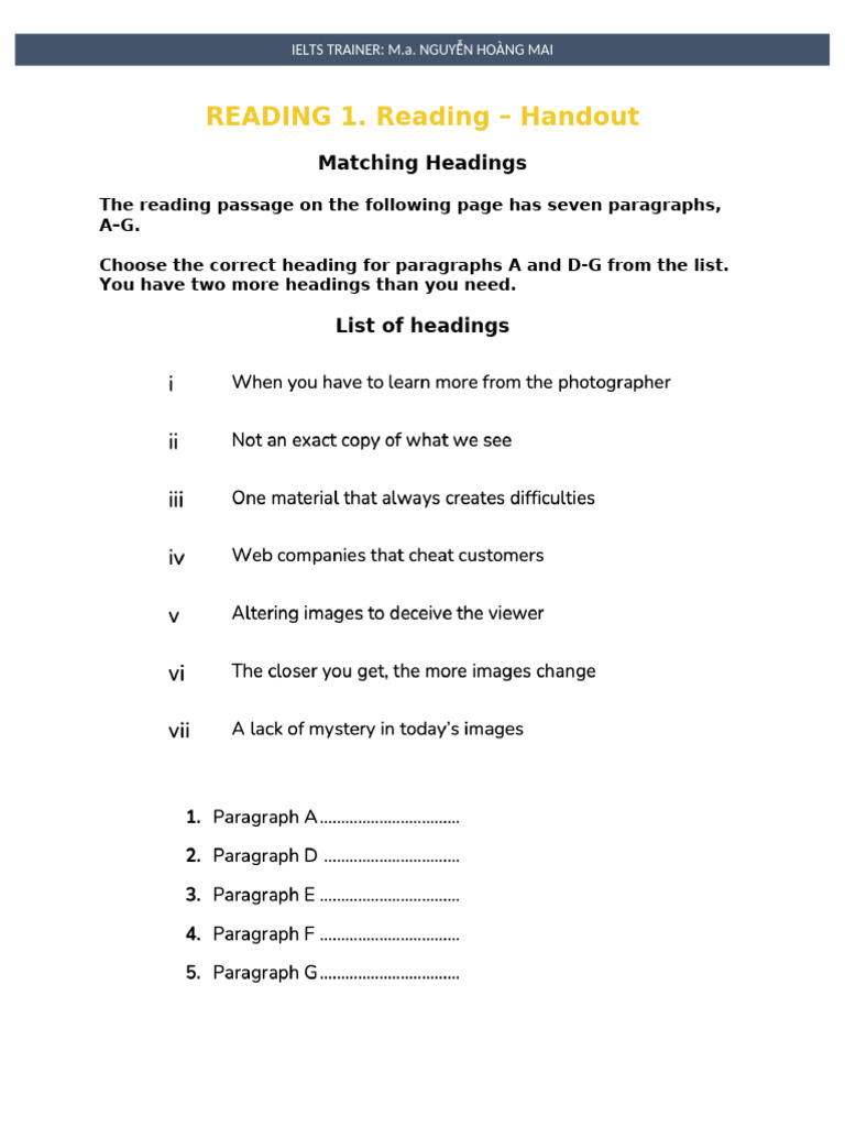 Reading 1 - Matching Headings Handout | PDF