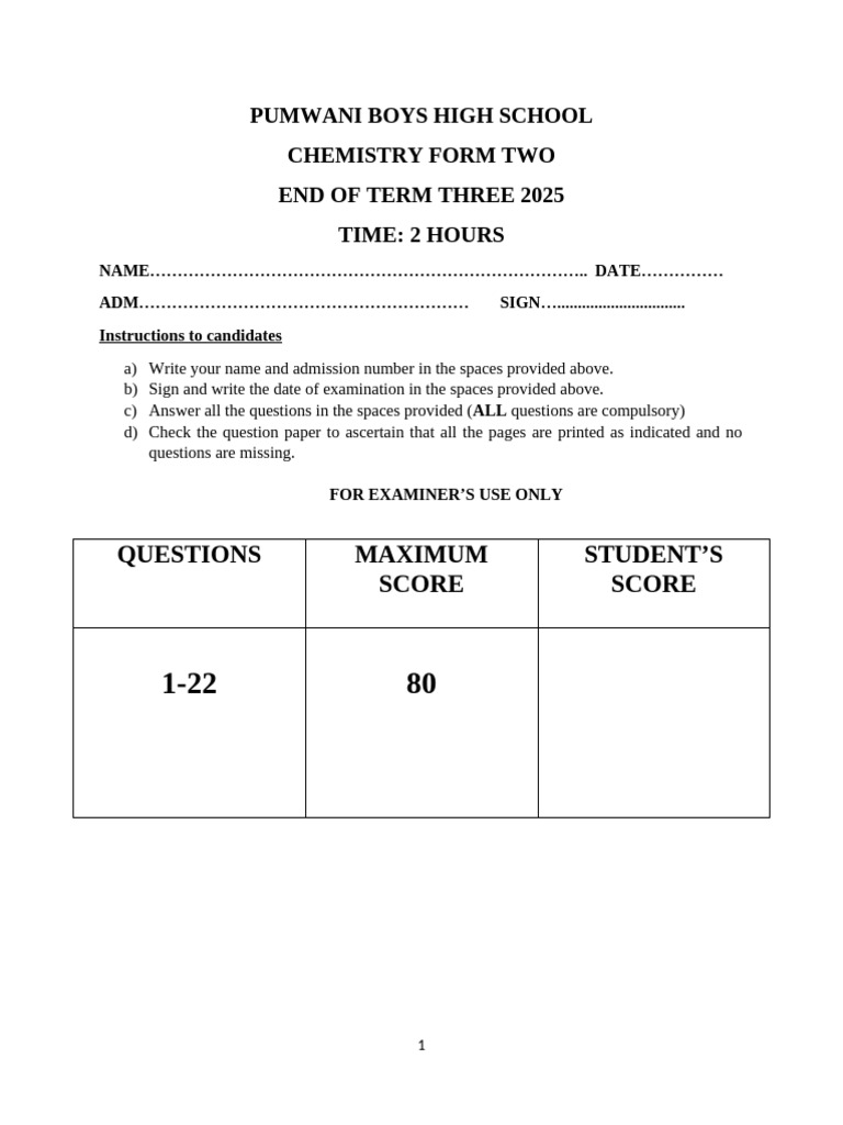 Form 2 Chemistry End Term 3 Exam | PDF