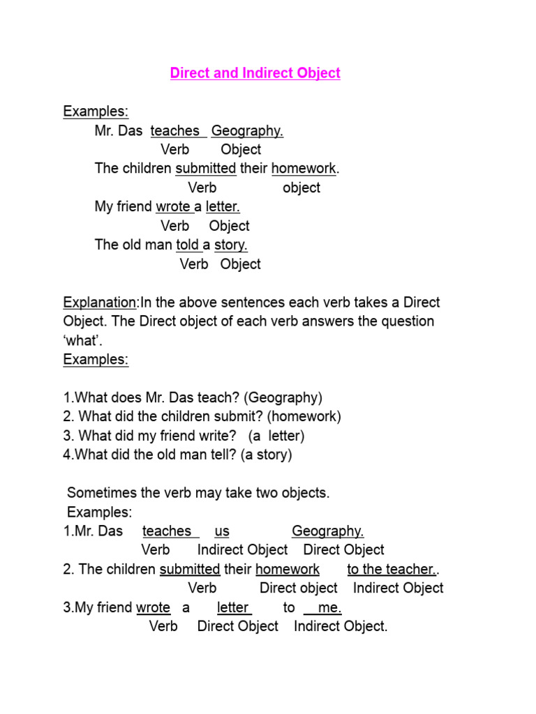 Direct and Indirect Object Class 7 | PDF