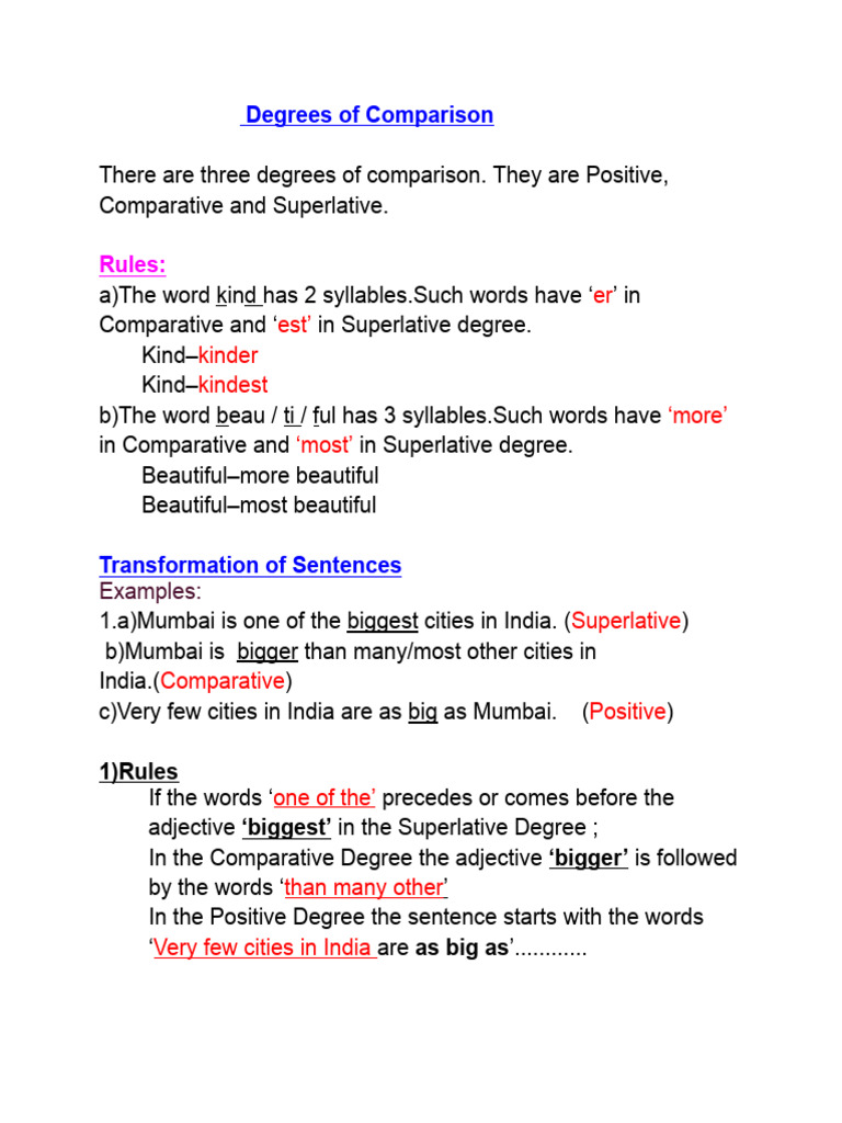 Degrees of Comparison (Class 7) | PDF | Adjective | Linguistic Typology