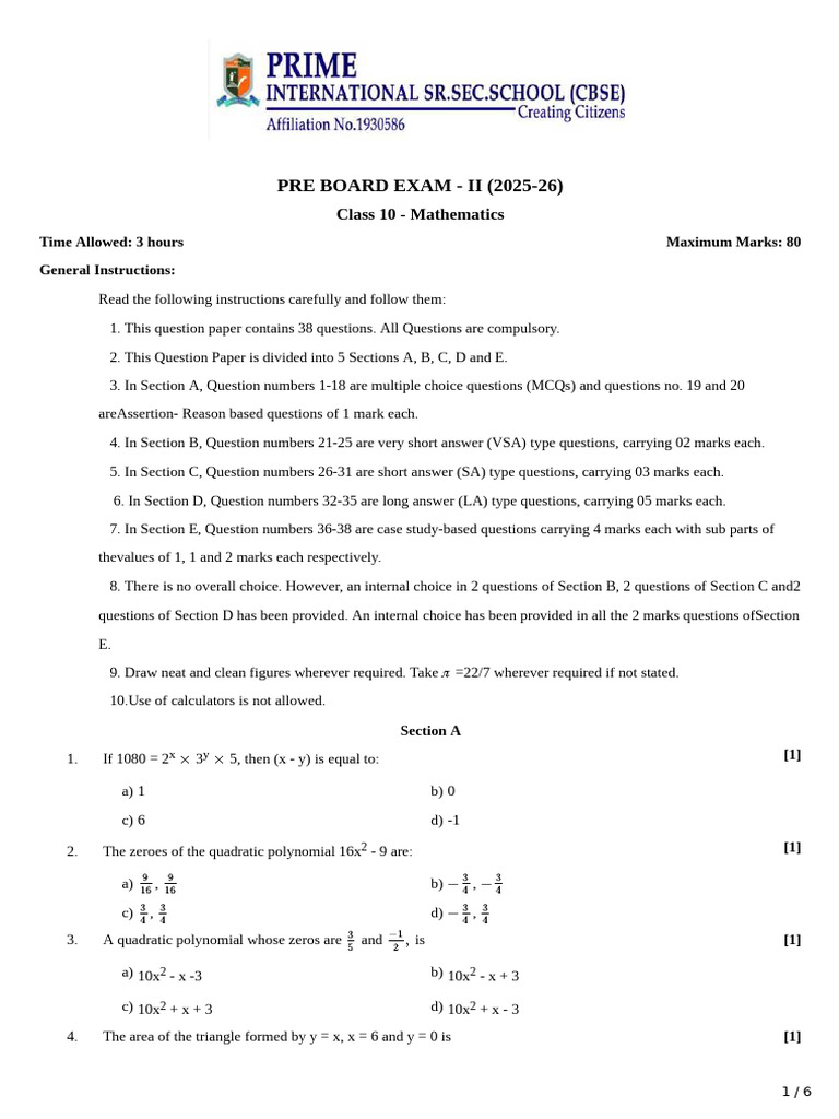 x Maths Pb-2 Qp (Prime International School ) 2025-26 | PDF | Circle ...