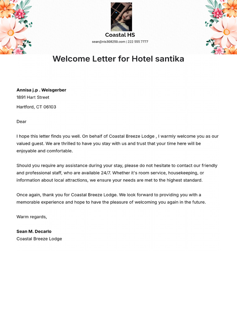Welcome Letter For Guest in Hotel Template | PDF