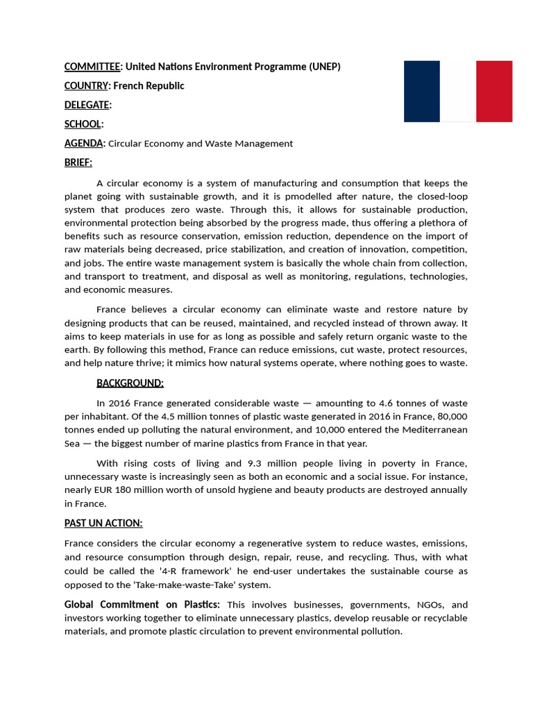MUN - Position Paper - France - UNEP | PDF | Cost Of Living | Waste