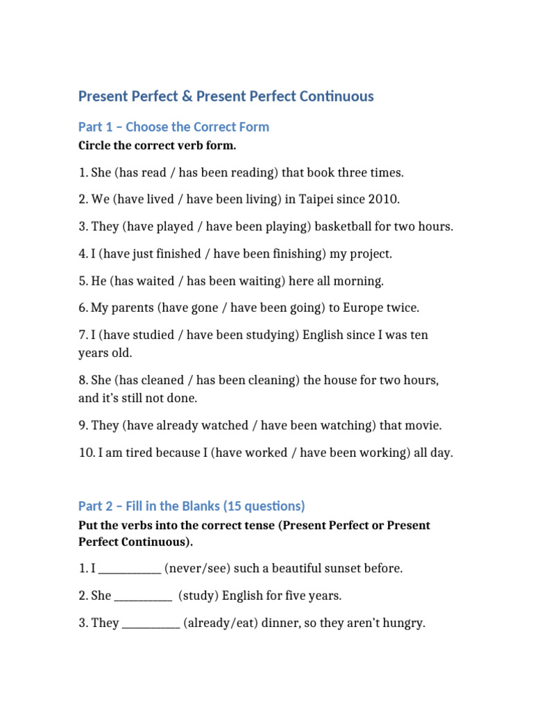 Present Perfect Grammar Worksheet | PDF