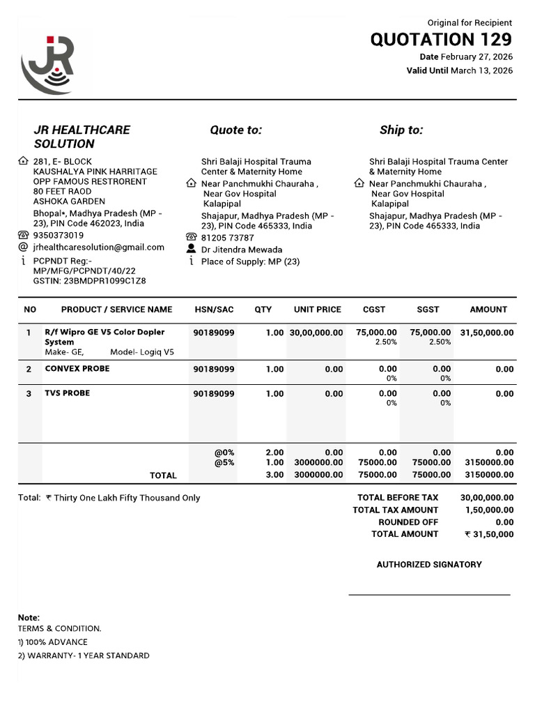 Shri Balaji Hospital Kalapipal Quotation | PDF