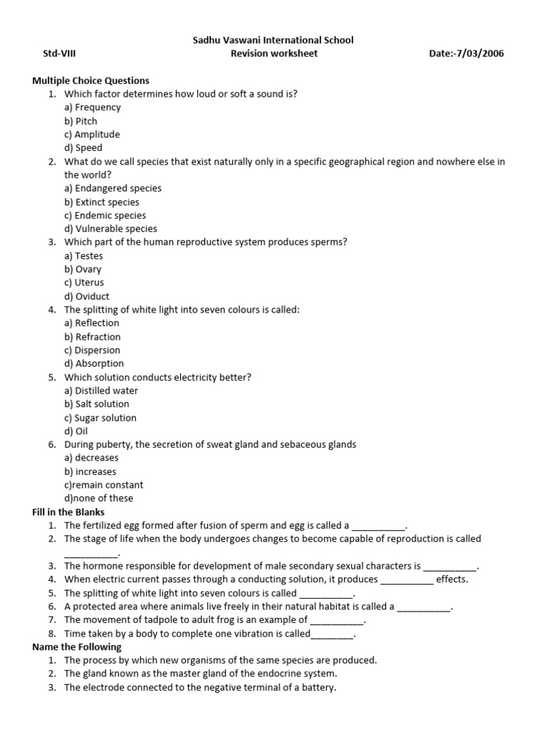 Std-VIII Revision Worksheet.1772864253 | PDF | Reproductive System ...