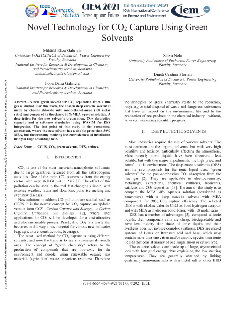 Novel Technology For CO2 Capture Using Green Solvents | PDF | Salt ...