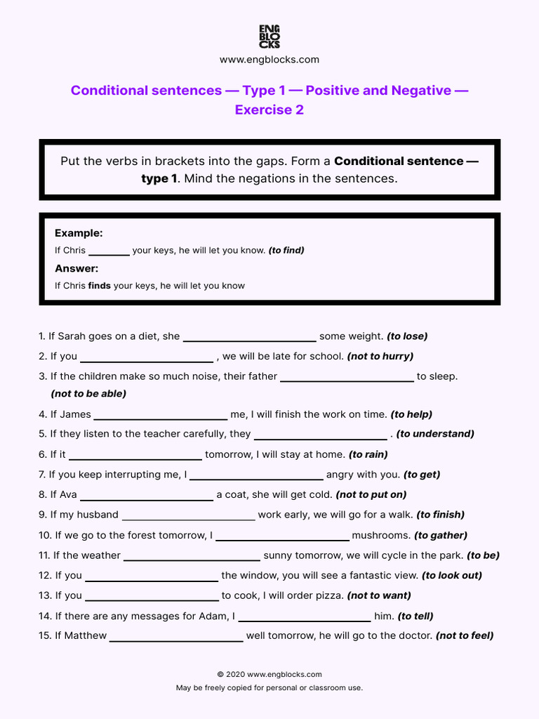 Conditional Sentences Type 1 Positive and Negative Exercise 2 | PDF ...