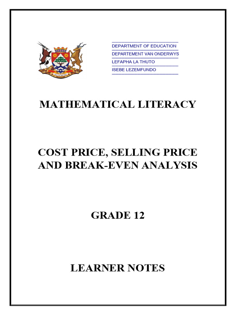 CP, SP and Break-Even - Grade 12 Learner Notes | PDF | Prices | Cost