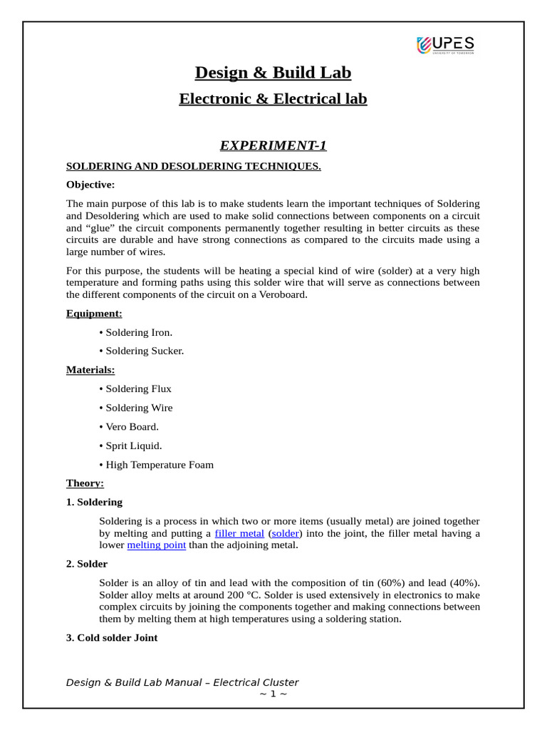 Design & Build Lab_Electrical Manual 4 EXPERIMENT | PDF | Soldering ...