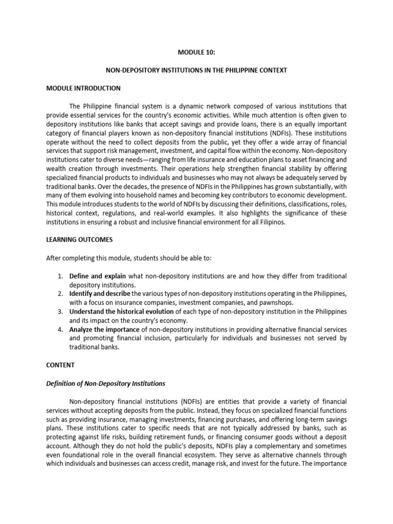 Module 10 Non Depository Institutions | PDF | Pawnbroker | Investing