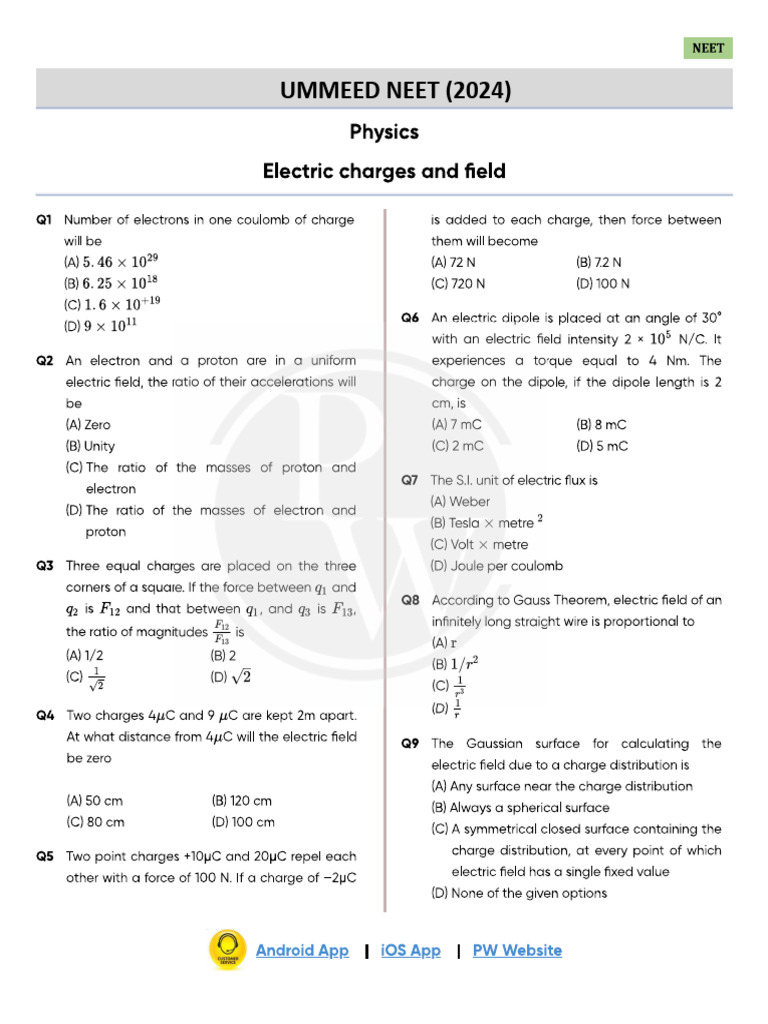Electric Charges and Field Practice Sheet Ummeed Neet 202465e9f | PDF