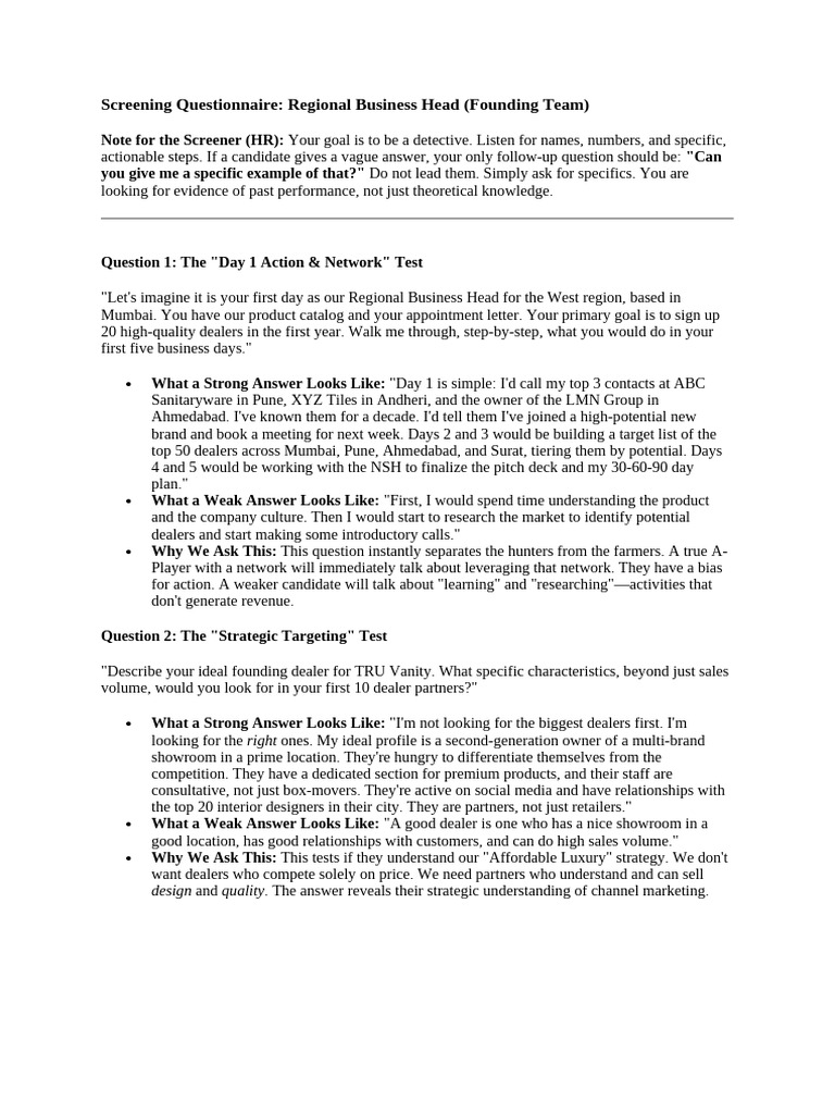 Screening Questionnaire For Reginal Business Head | PDF | Brand | Sales