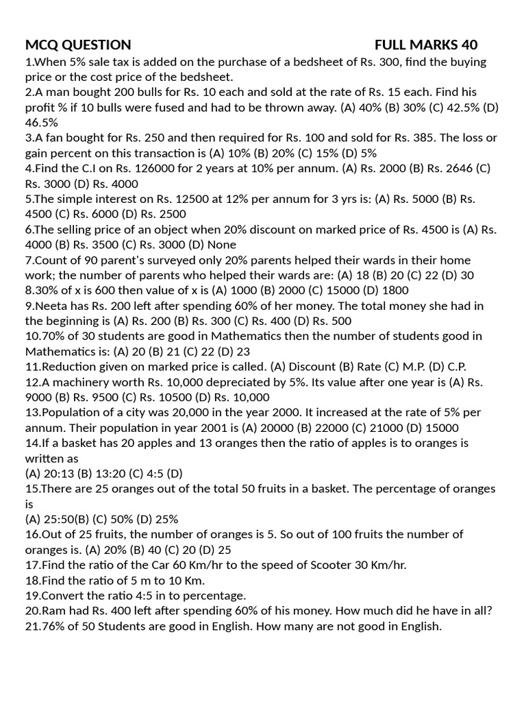 MCQ Question Full Marks 40 | PDF | Percentage | Prices