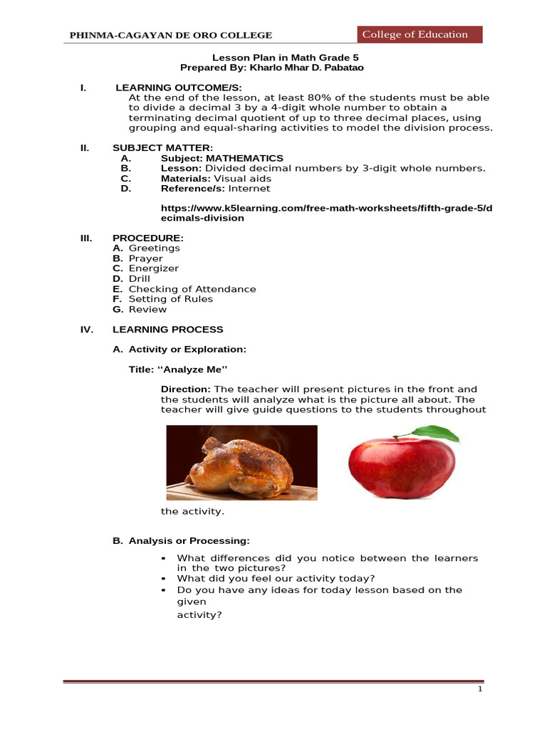 Lesson Plan For Math Thursday | PDF | Lesson Plan | Cognition