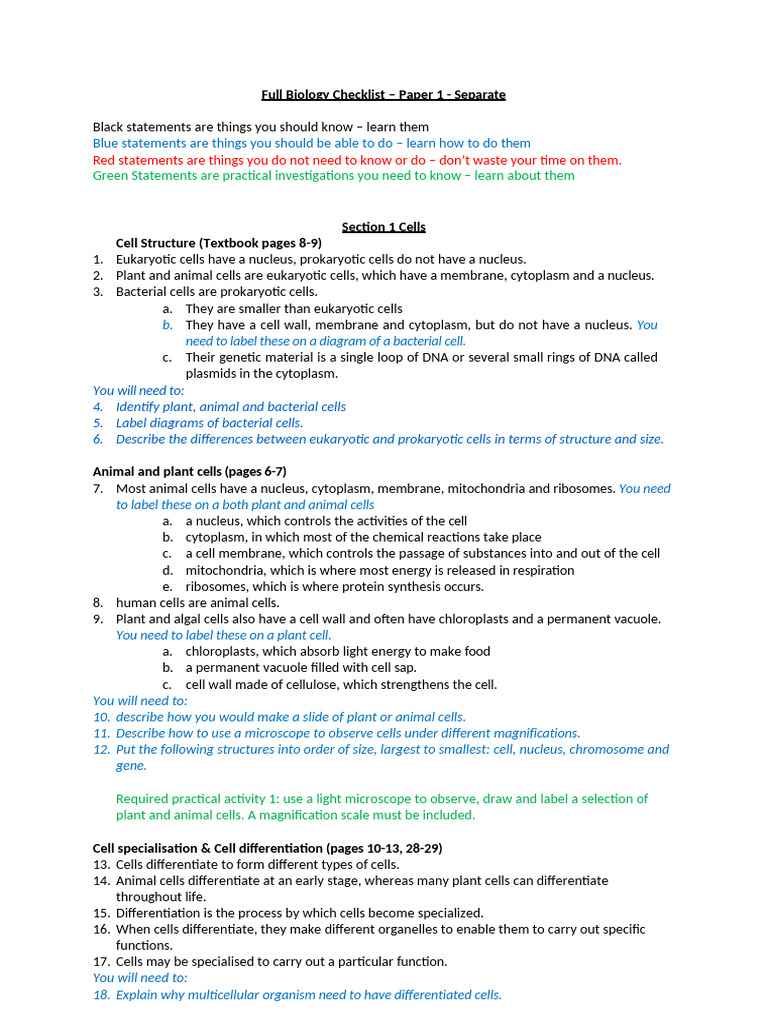 Full Biology Checklist - Paper 1 - Separate - Revised Version | PDF ...
