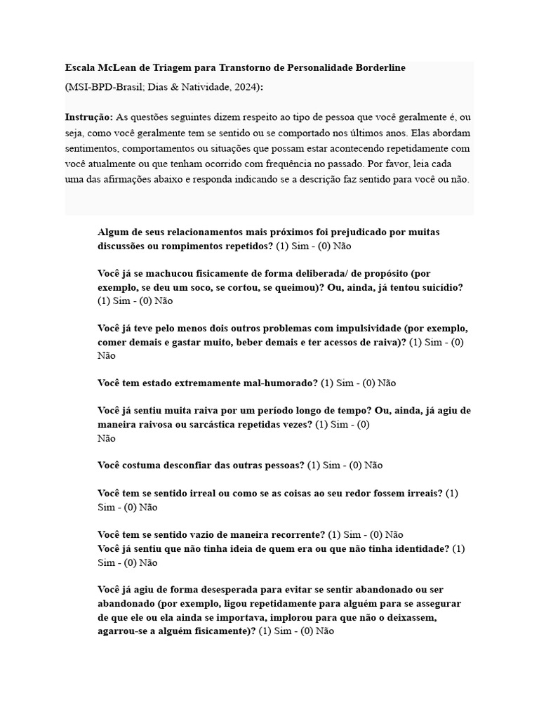 Escala McLean de Triagem para Transtorno de Personalidade Borderline ...