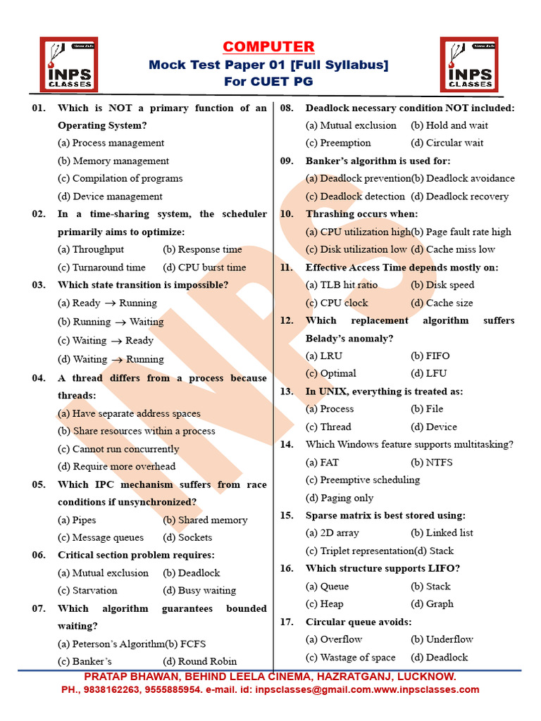 Computer Mock Test Paper Full Syllabus | PDF | Process (Computing ...