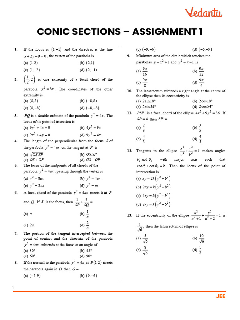 11 - Conic Sections - Assignment 1 | PDF | Ellipse | Perpendicular