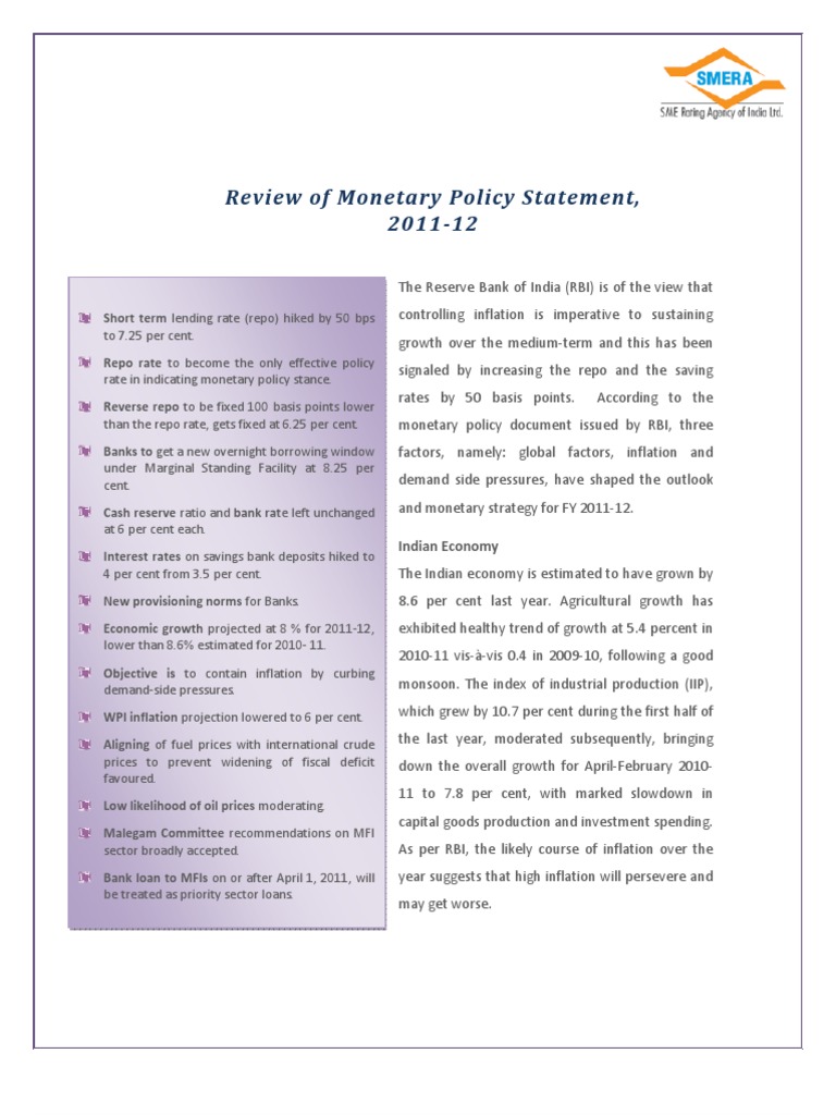 Review of Monetary Policy 2011-12 | PDF | Reserve Bank Of India | Inflation