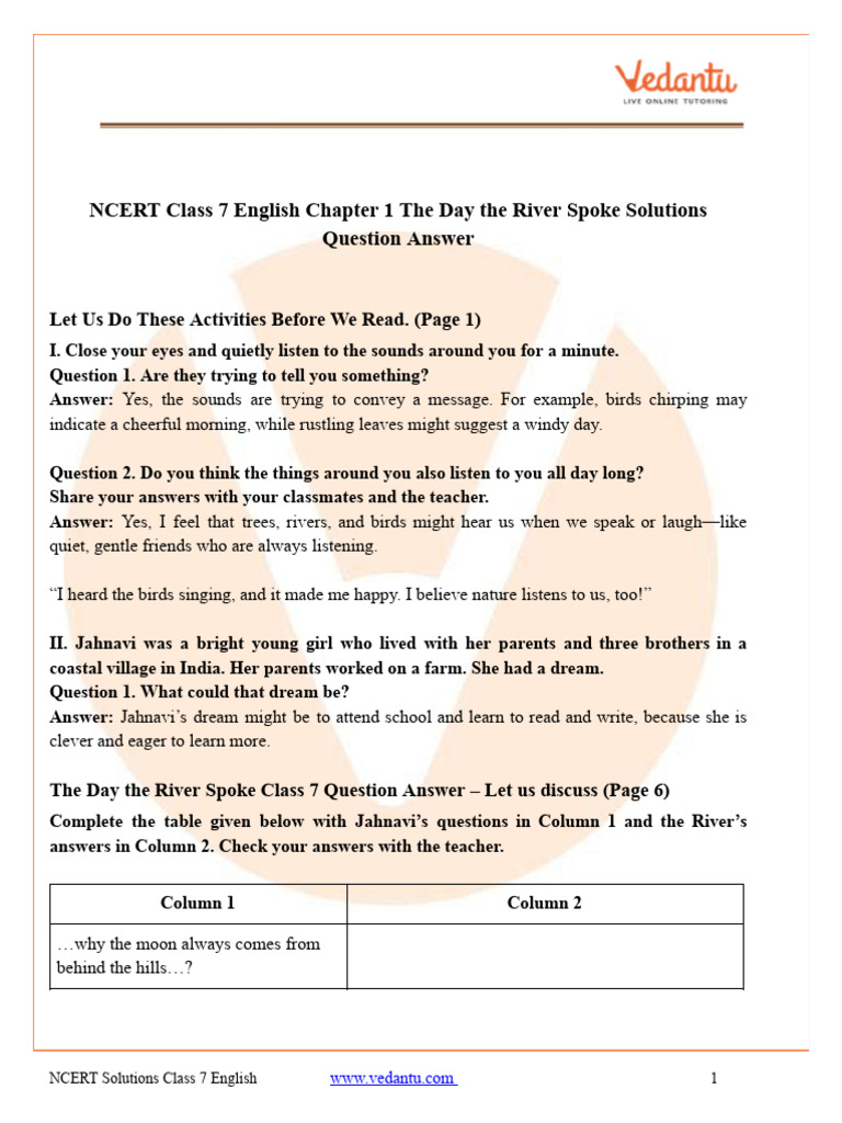 Class 7 English Chapter 1 The Day The River Spoke | PDF | Adverb ...