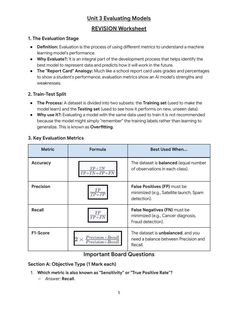 Unit 3 Evaluating Models For Class 10 Pyq | PDF | Sensitivity And ...