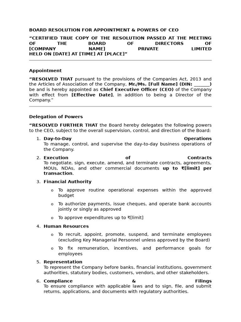 Template 3-Board Resolution For Appointment & Powers of Ceo | PDF ...