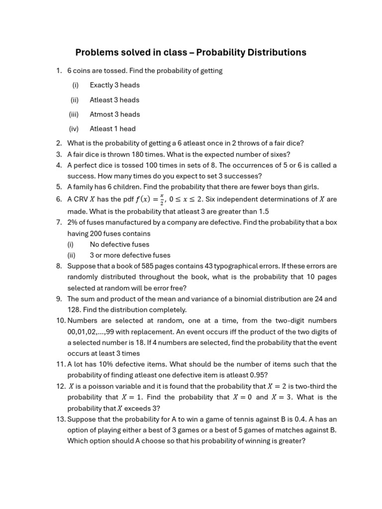 Problems Solved in Class - Probability Distributions | PDF ...