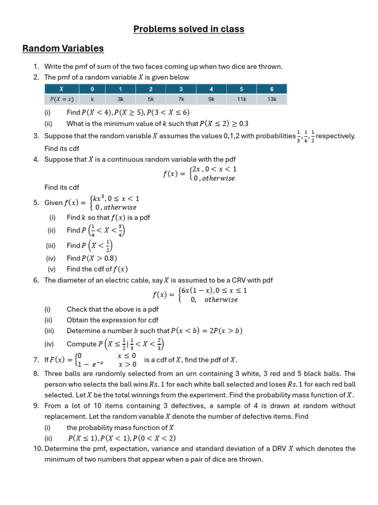 Problems Solved in Class - Random Variables | PDF | Probability Density ...