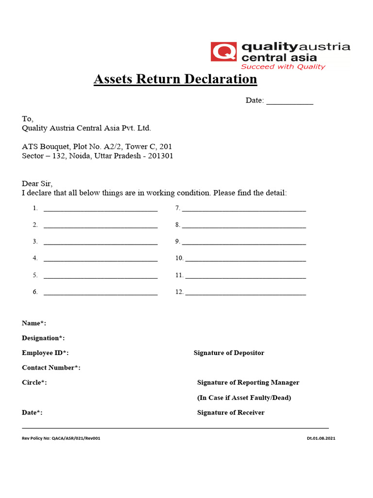 Assets Return Declaration Form | PDF