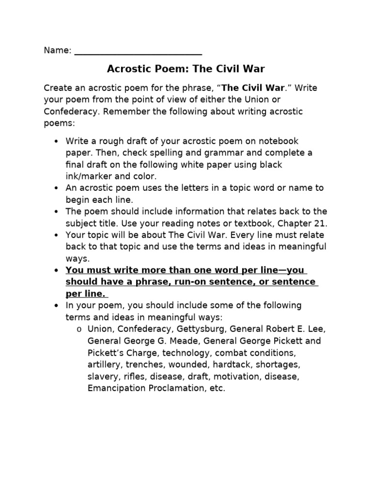Unit 4 Civil War Acrostic Poem | PDF