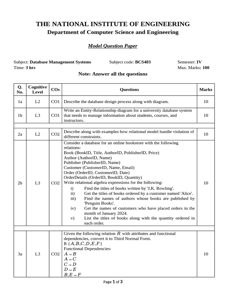 Model Question Paper | PDF | Database Transaction | Sql