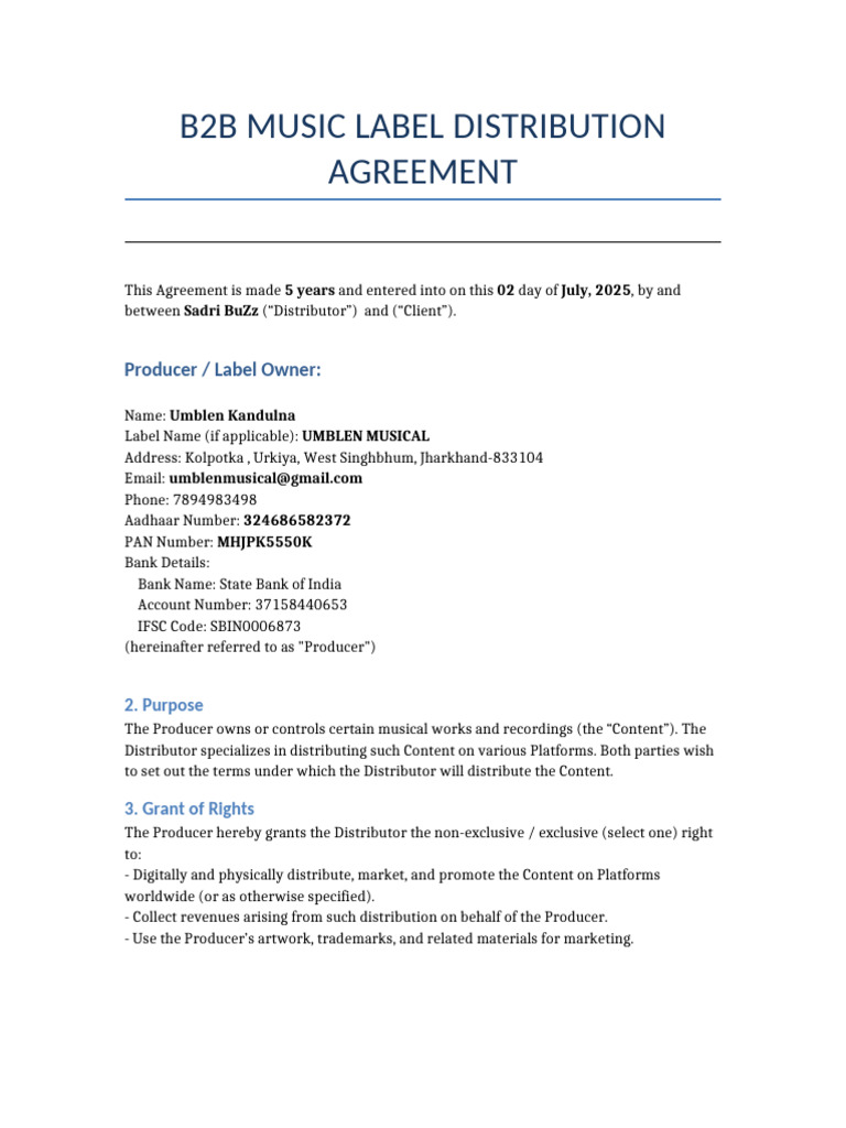 B2B Music Label Distribution Agreement Template | PDF | Royalty Payment ...