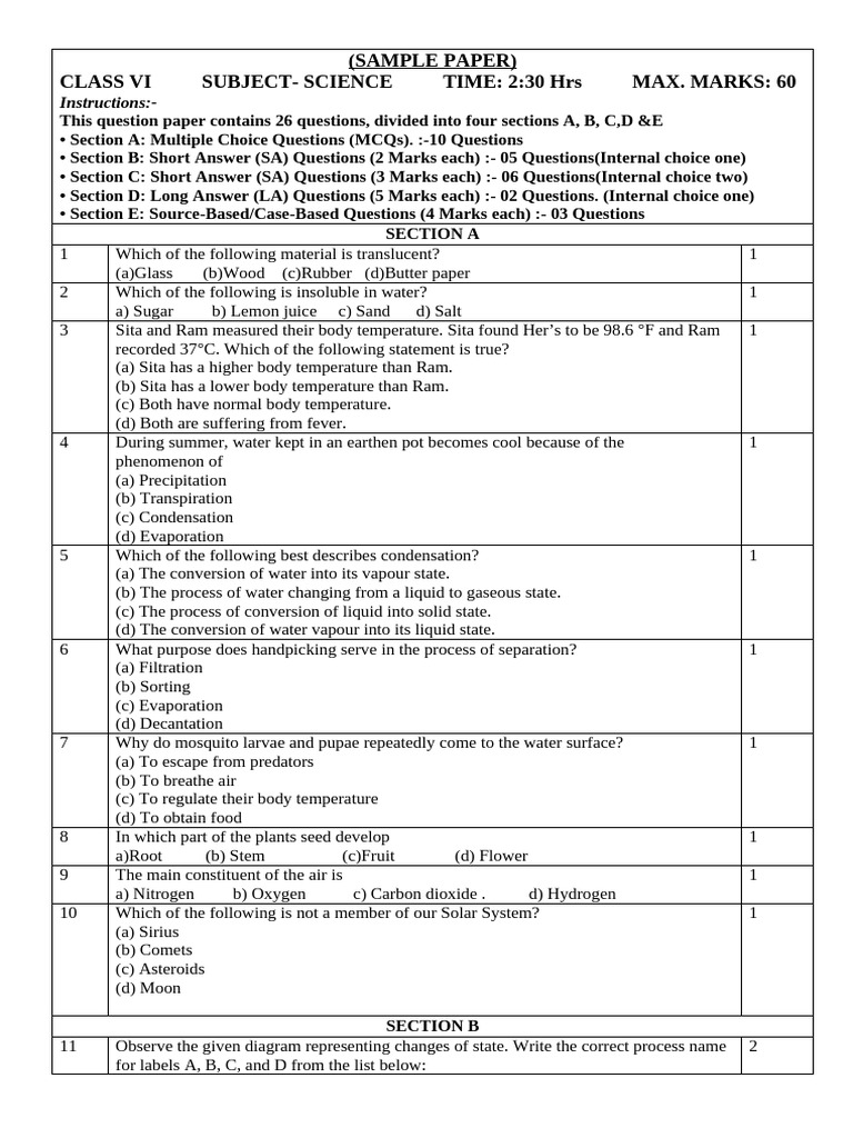 Sample Paper Science Class Vi | PDF | Water | Water Vapor