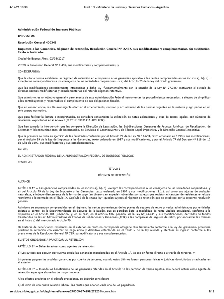 RG 4003 impuesto a las ganancias regimen de retencion | PDF | Impuesto ...